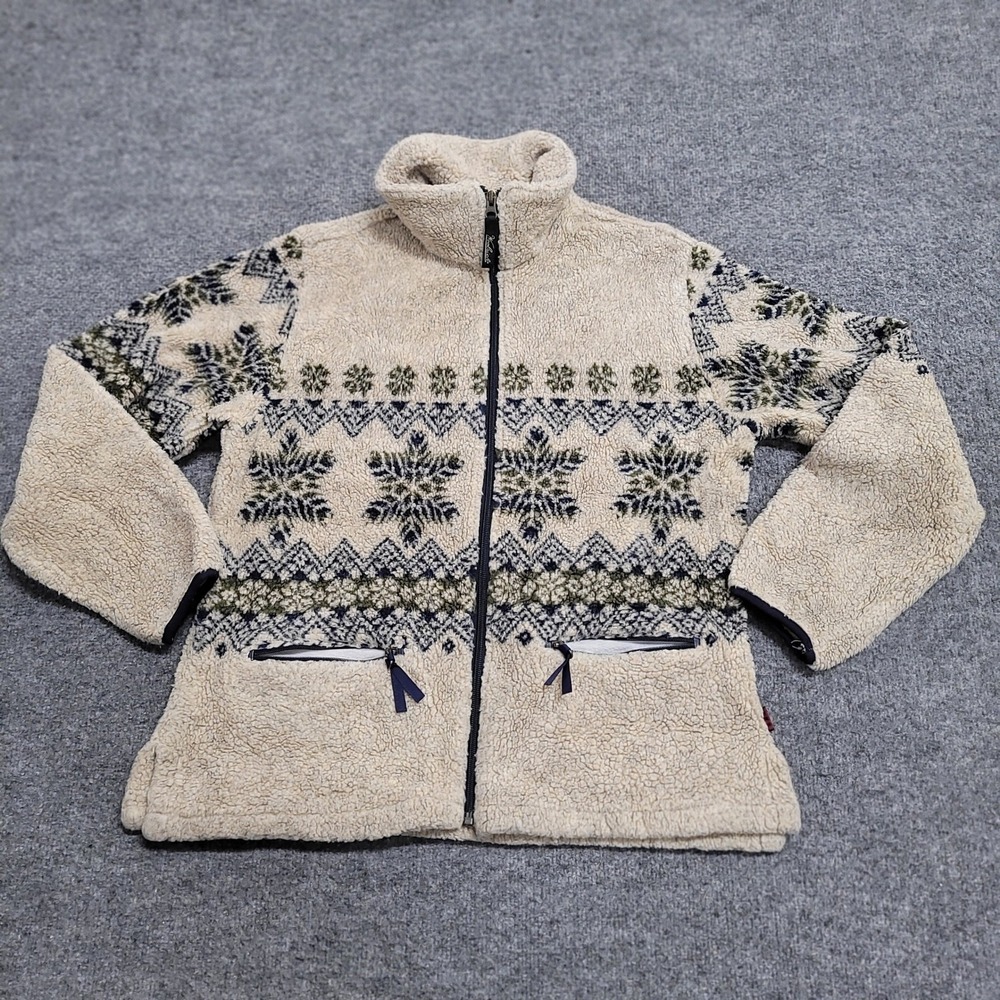 Woolrich Fleece Jacket Womens Size M Cream Fair Isle Snowflake Full Zip USA Made